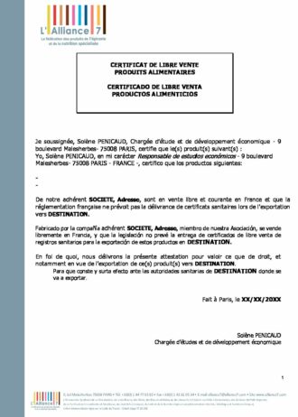 Certificat de libres ventes